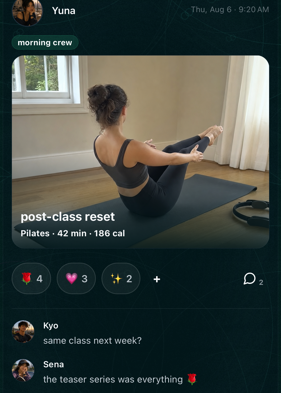 Yuna's morning crew check-in with the workout photo, reactions, and two circle comments