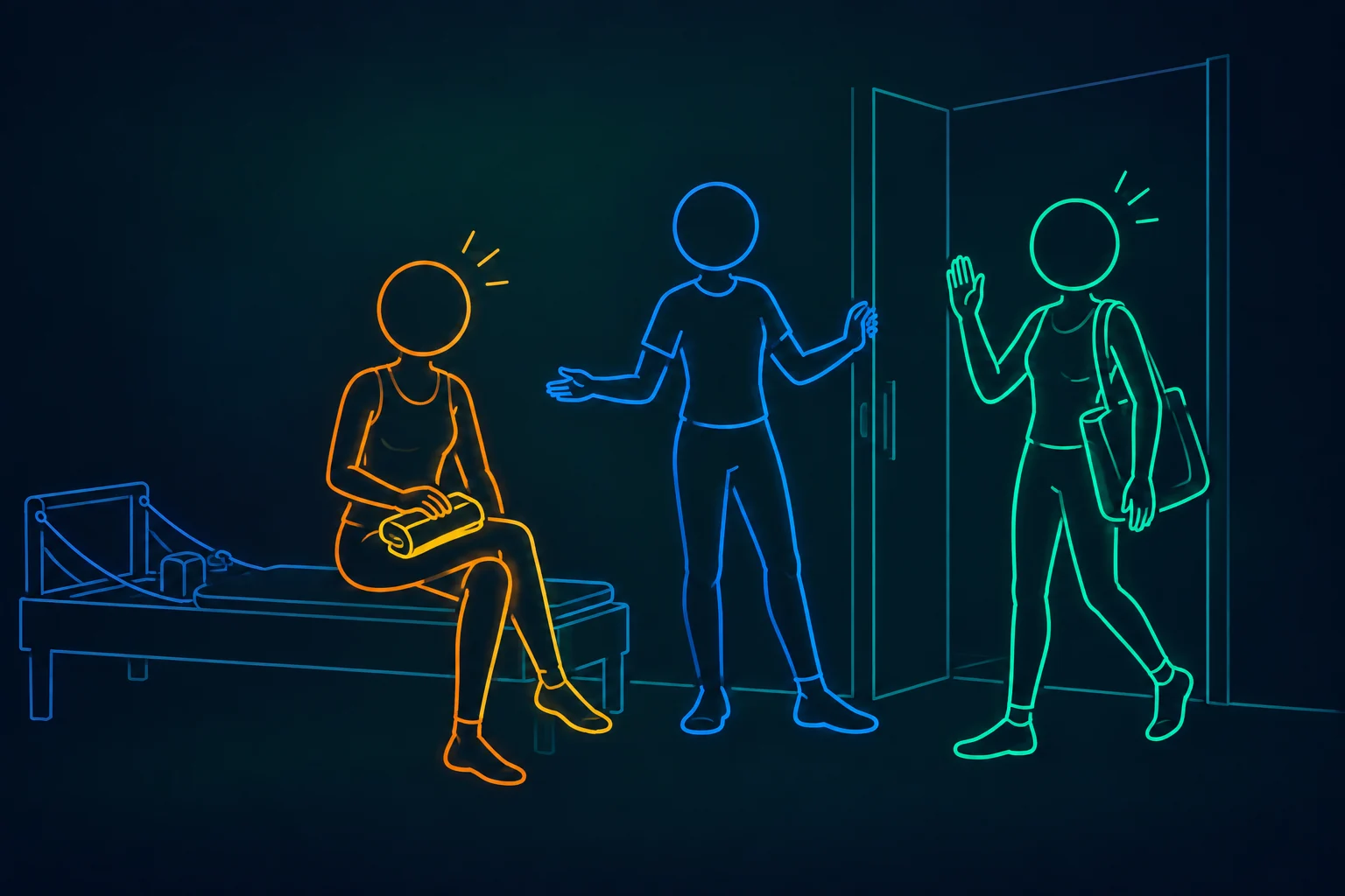 Three faceless outline figures at a Pilates studio: a mint member arrives with a bag and waves, a blue member welcomes them at the door, and an orange member sits beside the reformer.